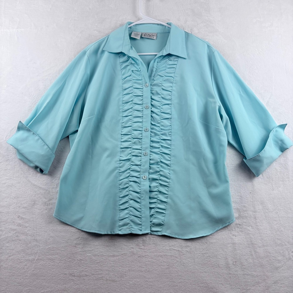 Cathy Che Blouse Light Blue Ruffle Front Button Up Size 18‎